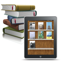 stack of books and ereader with digital books on virtual bookshelf